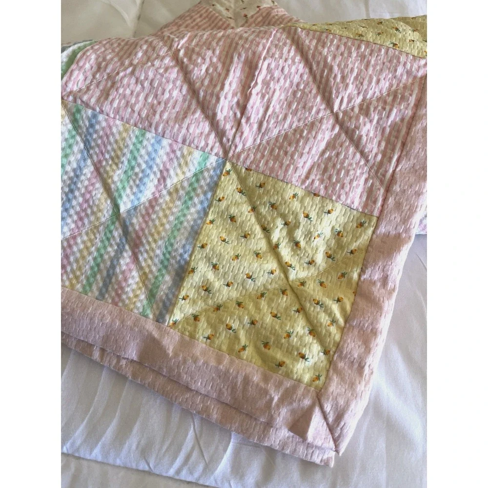 Vintage Baby Blanket Seersucker Quilted Patchwork Soft Pastels Delicate Floral